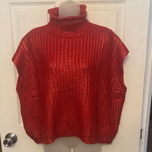 Red Knit Sleeveless Turtleneck Sweater
